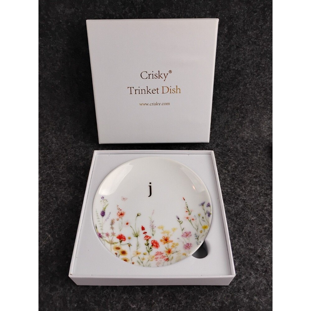 Crisky Trinket Dish w Gift Box Ceramic Flower INITIAL "J"